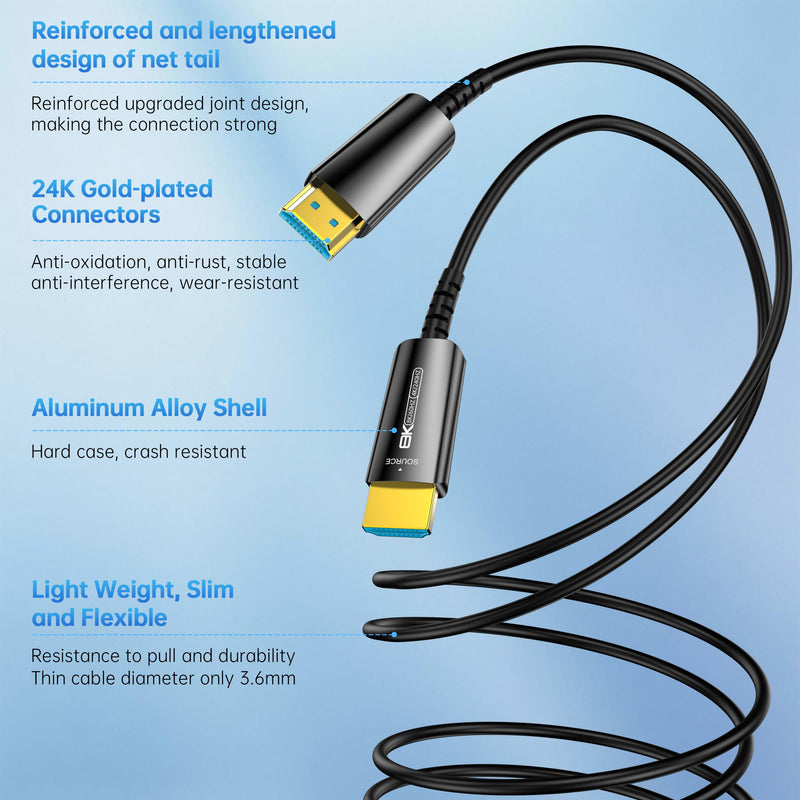 Fiber Optic HDMI Cable 65 FT, 8K Long HDMI 2.1 Cable, Thin HDMI Cord 48Gbps Ultra High Speed, 8K@60Hz, 4K@240Hz/120Hz, Dynamic HDR, eARC, HDCP 2.2&2.3, 3D, Compatible for PS4/5/Xbox/TV/Laptop 65 feet