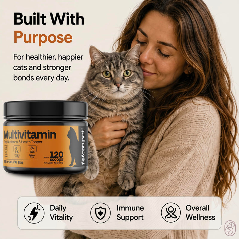 Daily Cat Food Topper – Cat Multivitamin Powder with 17 Active Nutrients, Taurine, Omega 3 & Glucosamine – Mixes Easily into Wet or Dry Food – Supports Energy & Vitality – 120 Scoops