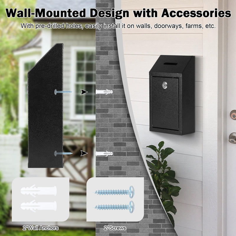 KYODOLED Money Drop Box with Lock & Slot, Metal Cash Collection & Suggestion Box for Farmstand Sales, Office or Home Wall Mount Use, 10.24x5.7x2.95 Inch, Black Textured Black Compact