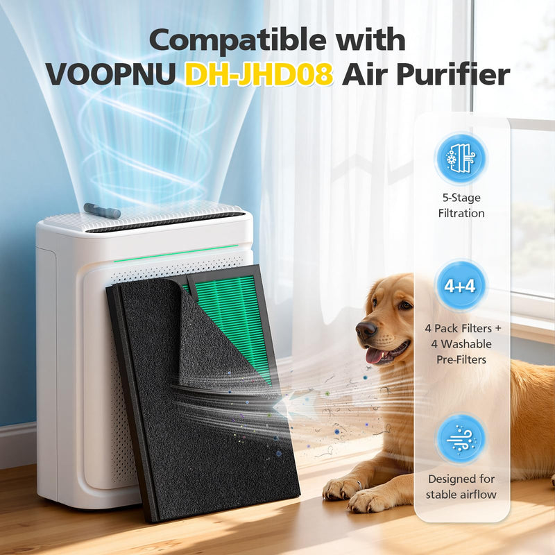 4+4 Pack DH-JHD08 Air Filter Replacement For VOOPNU DH-JHD08 Air Purifier