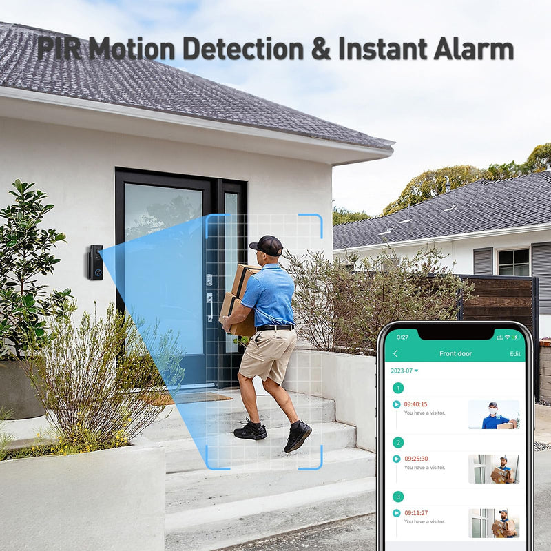 XTU Doorbell Camera Wireless No Subscription, 2K Video Doorbell with Chime, 2-way Audio, Instant Alert, Human Detection, Night Vision, 2.4G Wi-Fi, Works with Alexa and Google Assistant, Indoor Outdoor Black