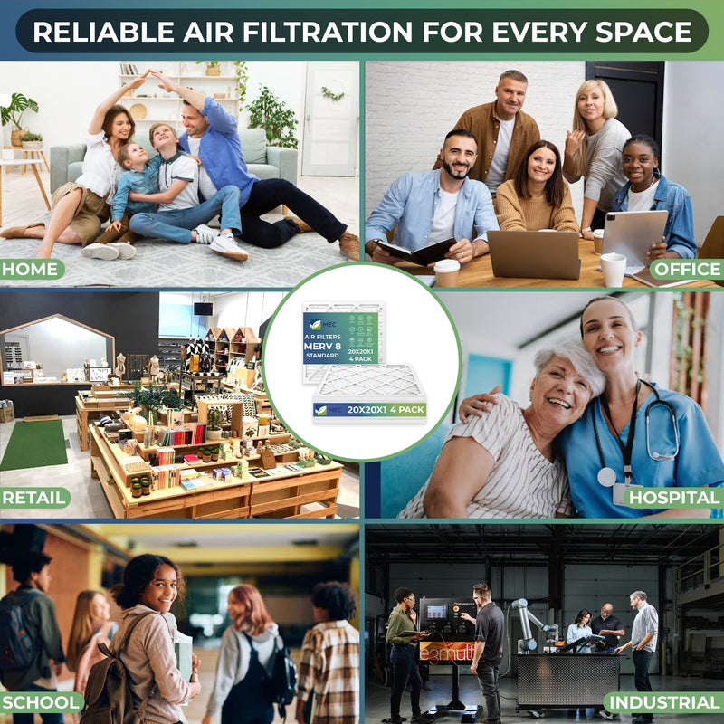 MEC 20x20x1 Air Filter MERV 8 Essential Dust & Allergy Control (4-Pack), Electrostatic Pleated HVAC AC Furnace Filters Replacement (Actual Size: 19.50 x 19.50 x 0.75)