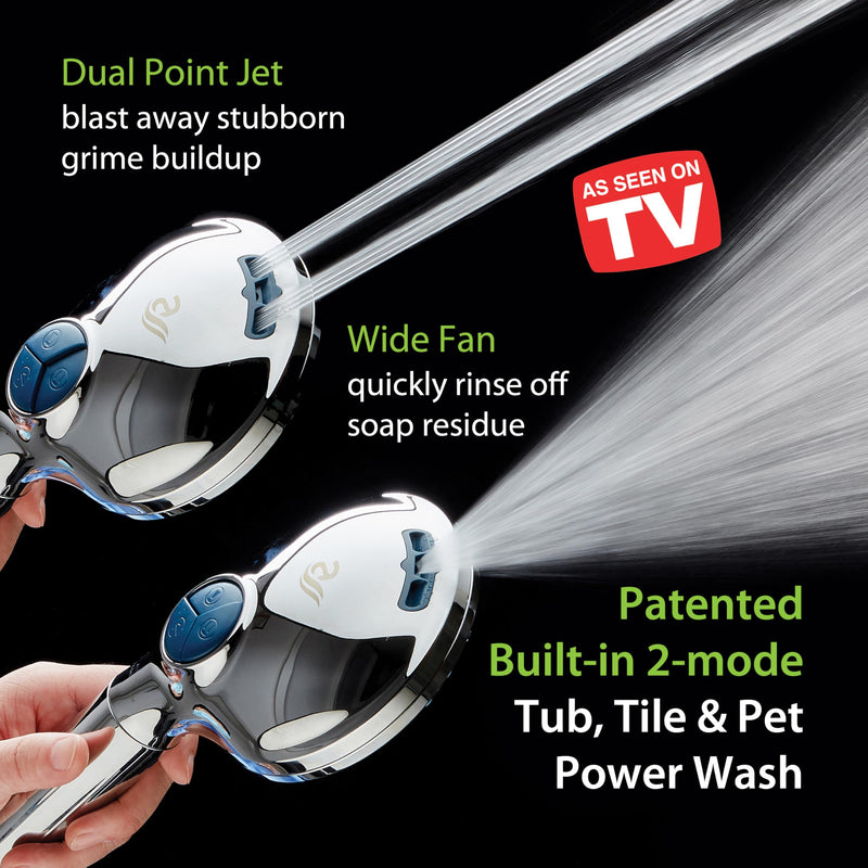 AquaCare High Pressure 10 Spray Mode Filtered Showerhead - Handheld Shower Head Filters Chlorine to Heal Dry Skin, Revive Hair - Dual Power Wash Cleans Tub, Tile, Pets - Hard Water Softener, Chrome Round