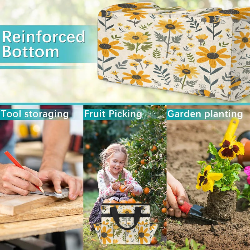 Bee Flower Garden Tool Bag for Women Waterproof & Reusable Heavy Duty Gardening Tote Storage Organizer Toiletry Bag with 10 Pockets for Garden Lawn Yard Casual Camp Bee Flower