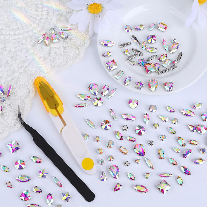 Sew on Rhinestones 205 PCS Glass Mixed Shapes Sew on Crystal Gems Flatback with Silver Claw for Jewelry Crafts Clothes Shoes Costume (AB Rhinestones) Crystal AB