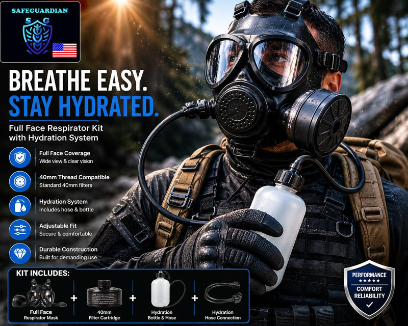 Full Face Respirator Mask with 40mm Filter & Hydration Kit
