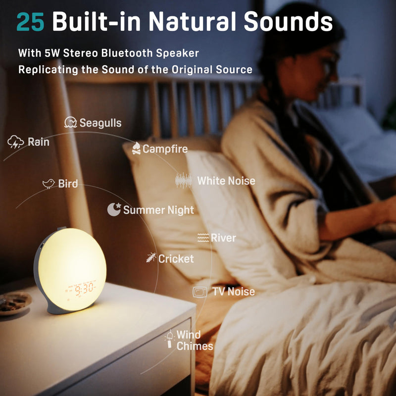 Sunrise Alarm Clock White Noise Sound Machine with 25 Soothing Sounds, 17 NightLights, Bluetooth Speaker Wake Up Light Alarm Clock for Bedrooms, Heavy Sleepers, Baby, Kids, Adults, Seniors, Ideal Gift M