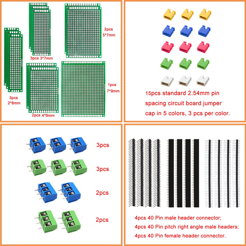 48PCS Double Sided PCB Board Kit for DIY Soldering and Electronic Project Circuit Boards Prototype Boards Compatible with Arduino Kits, 2.54mm Male and Female Header Connector 48pcs