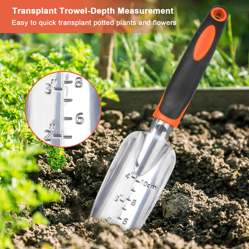Garden Tools Set, 3 Pack Heavy Duty Gardening Tools Set Include Garden Shovel, Transplant Trowel and Hand Rake with Ergonomic Handle, Aluminum Alloy Lawn for Planting, Orange