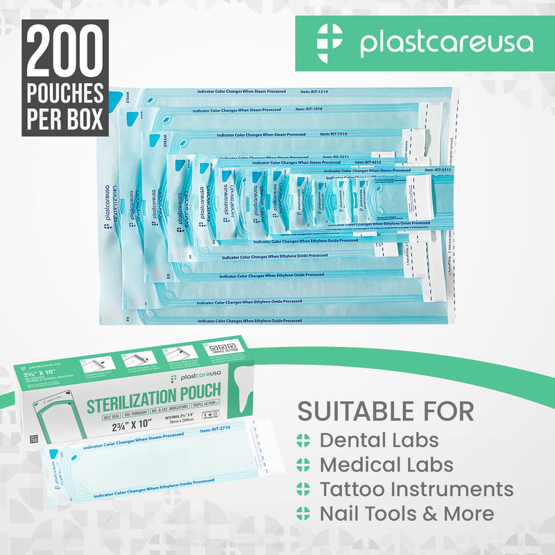 200 2.75 x 9 Self-Sterilization Pouches for Cleaning Tools, Autoclave Sterilizer Bags for Dental Offices, Pouch for Dentist Tools 200