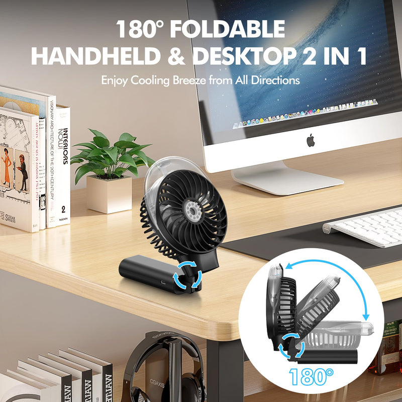 MORECORE Portable Misting Fan, 180° Foldable Handheld Personal Fan with Mist Spray, 3 Adjustable Wind Speeds, USB Rechargeable for Travel Outdoors Makeup Camping Home Office (Black)