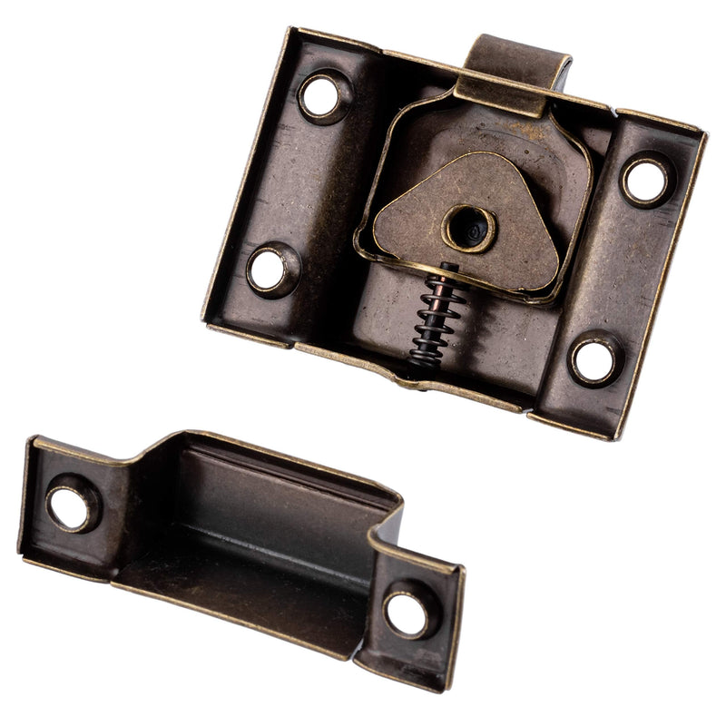 Large Stamped Antique Brass Cabinet Door Latch - 2 1/8" × 2 1/8" - Spring Loaded Cupboard Door Latch with Oval Turn - Vintage Cabinet Hardware | UA-140-LAB (1)