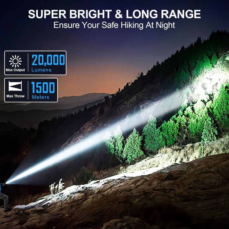 Rechargeable Flashlights 20,000 High Lumens, 1500M Long Throw Super Bright LED Small Powerful Tactical Flashlight with Memory Function, 6Modes Pocket Waterproof Flash Light for Camping,Emergency Black 2