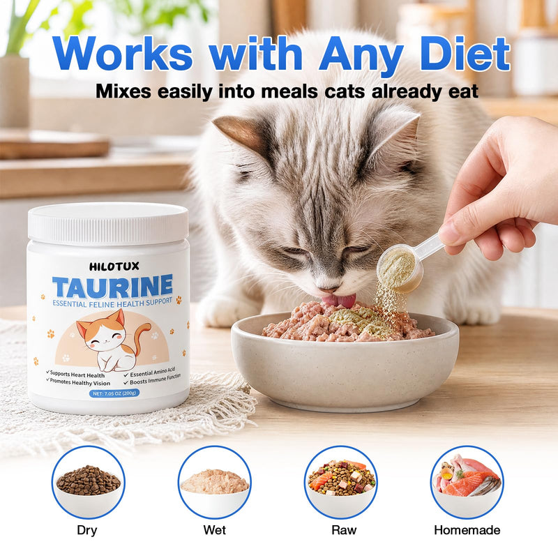 Taurine for Cats, Taurine Supplement, Pure Taurine Powder Supplement for Heart, Vision, Immunity & Daily Vitality, Unflavored, Easy Mix - 200g (40 Servings)