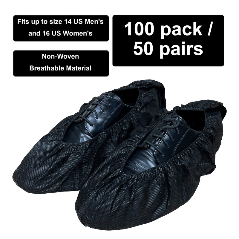 100 Pack Extra Large Disposable Black Boot and Shoe Covers. Reusable Water Resistant Durable Booties with Non Slip Treads for Indoor Use. Fits US Men's Size 14 and Women's 16 Shoe Size