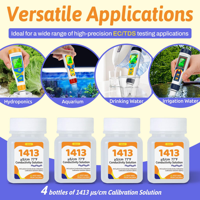 1413 μS/cm Calibration Solution 50mL Conductivity Standard Calibration Solution Kit 4-Pack for EC TDS Meter Hydroponics Conductivity Tester