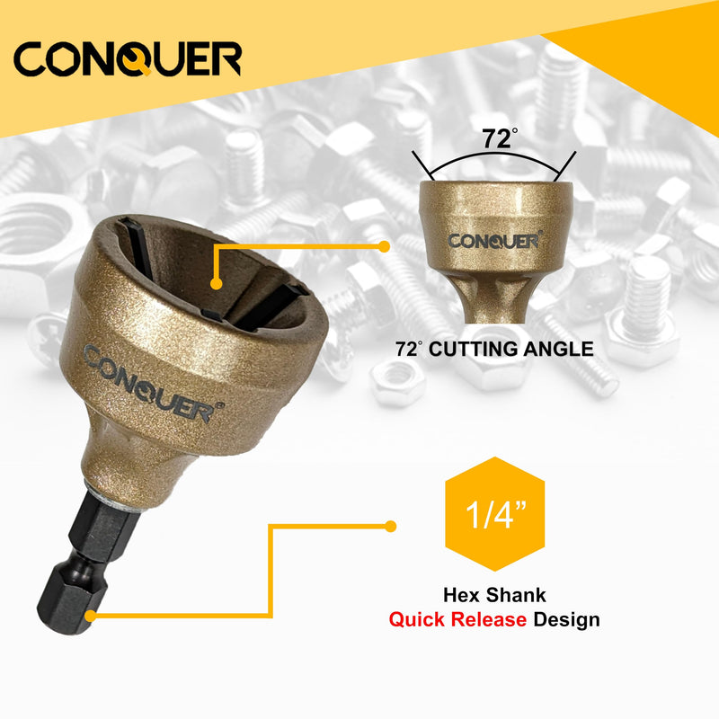 CONQUER Tools Deburring External Chamfer Tool, Premium Tungsten Blade, Deburring Drill Bit, Remove Burr Tools Quick Release Shank Fits for 1/8"-3/4"(3mm-19mm) Stainless Steel Burr Removal, Countersink PREMIUM TUNGSTEN Blade 1/8"-3/4"(3mm-19mm)