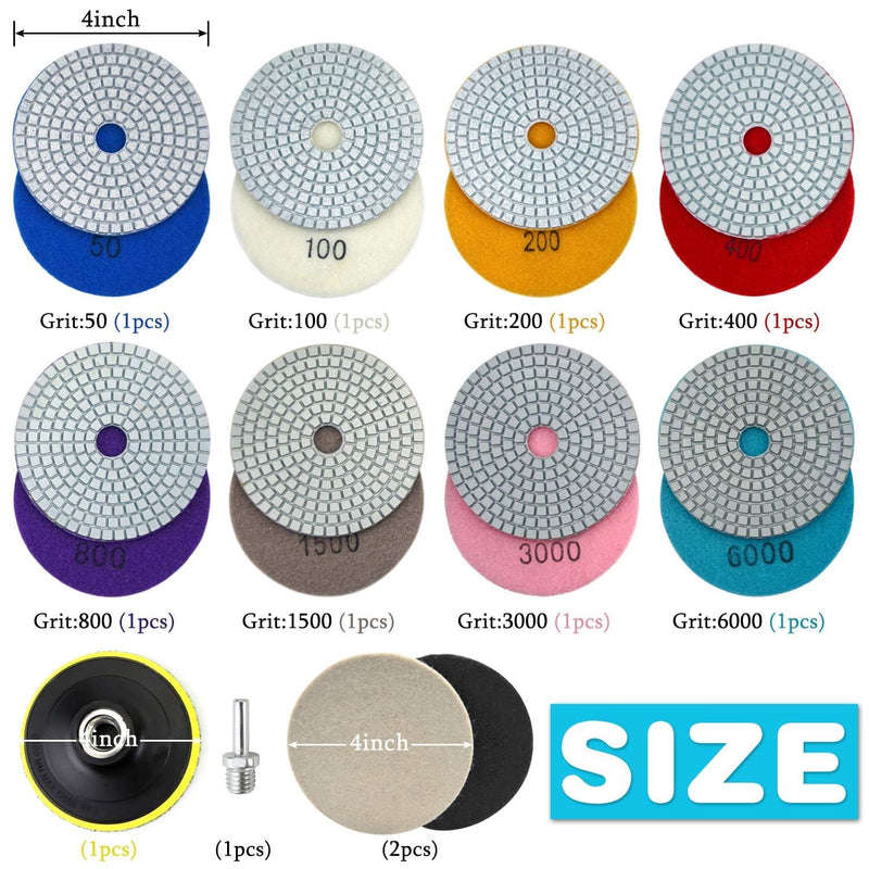 4 Inch Diamond Polishing Pads with 5/8’’-11 Backer Pad, 12PCS Wet/Dry Granite Stone Polish Pad Kit for Drill, Grinder, Polisher, 50-6000 Grit Polishing Pad for Concrete Marble Rock Countertop Quartz 4 Inch 50-6000 Grit