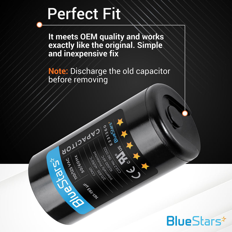 2 Packs 161-193 uf/MFD 125 VAC ±20% 50/60 Hz CD60 Round Motor Well Pump Start Capacitor Replacement Part by BlueStars - Exact Fit for Central Air-Conditioners, Heat Pumps, Condenser Fan Motors 161-193 MFD PO2 110-125 VAC