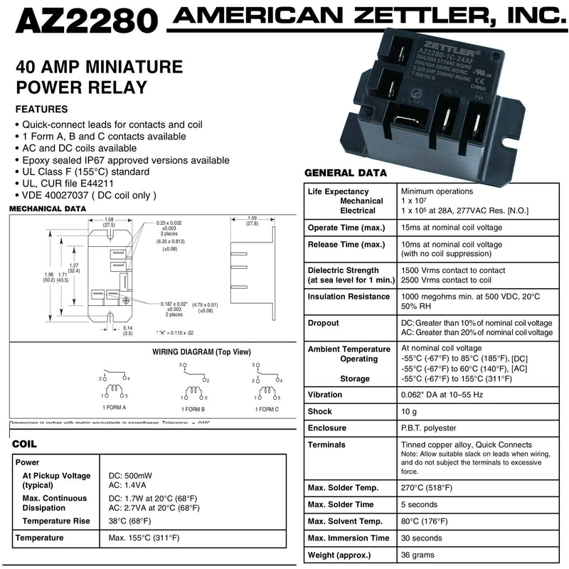 Zettler Mini Power Relay AZ2280-1C-24AF 30A 277VAC 28VDC -Universal 24 AC Volt (Pack of 2)