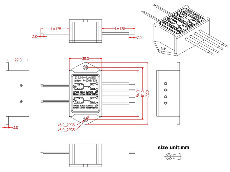 Electronics-Salon 1PCS Dual SPST-NO 10Amp Power Relay Module, AC/DC 12V Control Voltage. 12V Version