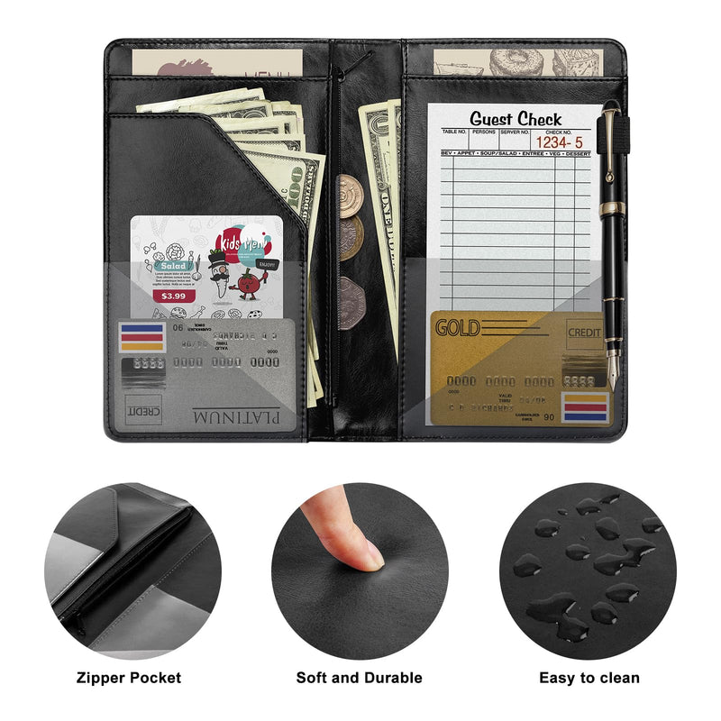 EcoVision Server Books for Waitress,Leather Waiter Book with Zipper Pocket, Server Booklet Restaurant Waitstaff Organizer, Serving Book Guest Check Book Holder Money Pocket Fits Server Apron (Black) Black - NewNest Australia
