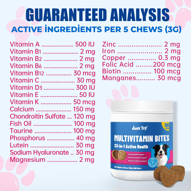 Just Try Taurine for Dog Bites 23-in-1 Multivitamin Chondroitin Sulfate for Joint Health, Omega-3 Skin Support Dog Vitamins Supplements-10.58oz