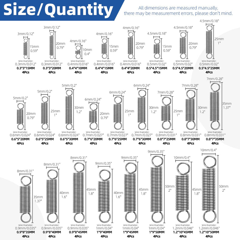 Glarks 100pcs Stainless Steel Extension Springs with Double Hook Sets 25 Sizes Small Spring Tension Spring Wire Assortment for Machinery Construction Industrial 100