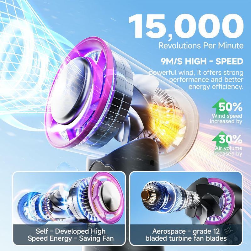 [2025 Upgrade] Portable Cooler Handheld Fan, [Coldest Turbo Hand Fan] 15000RPM 24H Max Cooling Time Highly Speed (1-100) Hand Fan, Collapsible Mini Small for Travel, Office (Grey) grey