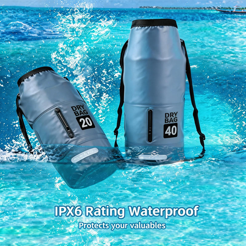20L Waterproof Dry Bag - Floating Heavy Duty PVC Dry Sack - for Boating, Fishing & Beach - Backpack Style Waterproof Bag for Men & Women Grey 20L