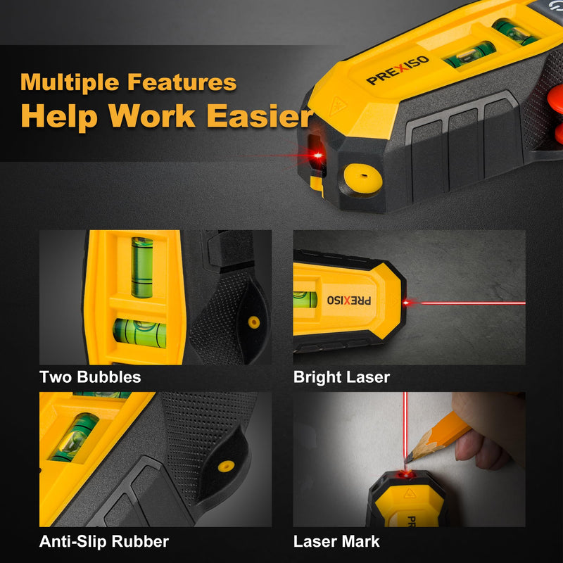 PREXISO 2-in-1 Line Laser Level with Magnetic Stud Finder, Compact Wood & Metal Detector with Bubble Vials for Accurate Markings, Multi Surface Wall Scanners Tool for Hanging Frames & Pictures