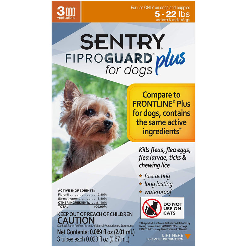Sentry 3 Count Fiproguard Plus for Dogs Squeeze-On, 5-22-lbs (Pack of 2)