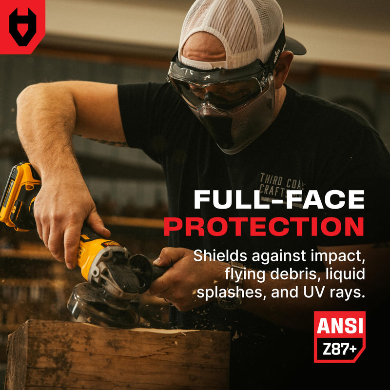 NoCry Safety Face Shield Mask for Work with Premium Anti Fog and Anti Scratch Technology — Durable ANSI Z87.1 Certified Grinding Face Shield with Extreme Impact Resistance Premium Goggles + Shield