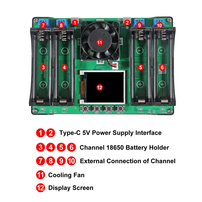 Type-C 18650 Lithium Battery 4 Channel Capacity Tester Module MAh MWh Digital Battery Power Detector Module 18650 Tester Type-C