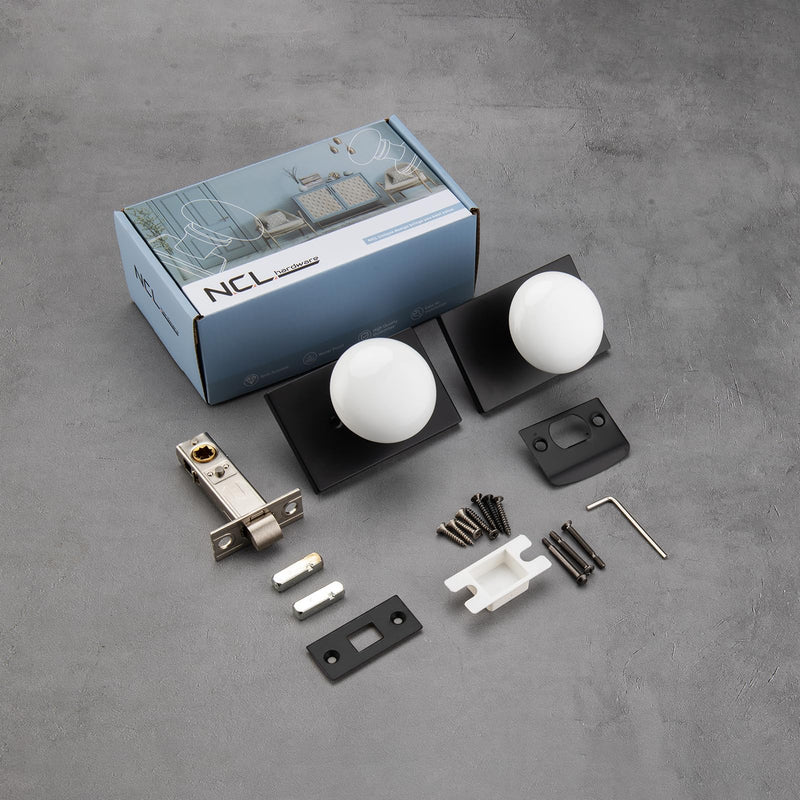 NCL White Door Knob, Matt Black Porcelain Door Knobs Interior, Rectangle Door Levers for Bedroom and Bathroom, Privacy Door Handles with Lock Matte Black Rectangle Rose with White Knob