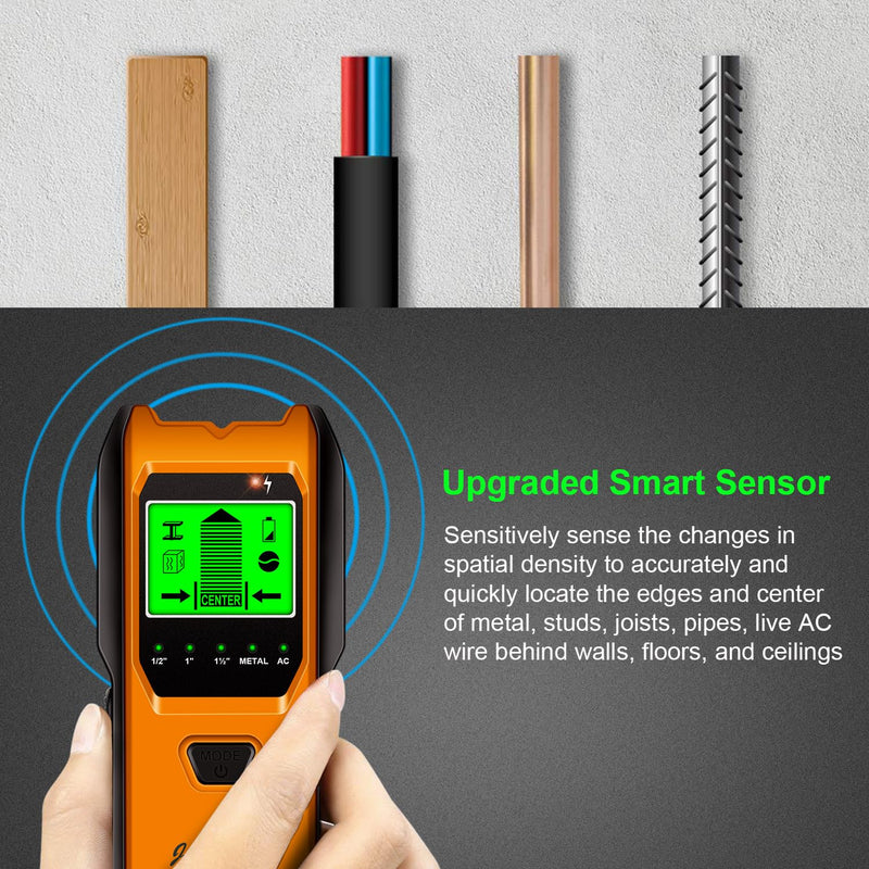 Stud Finder Wall Scanner, 5 in 1 Multifunction Stud Locator with Upgraded Smart Sensor, HD LCD Display and Audio Alarm for The Center & Edge of Metal, Studs, AC Wire, and Pipe Detection (Tangerine)