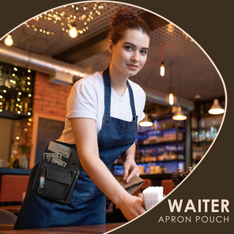 Server Apron Waist Pouch, Restaurant Waiter Waist Tool Pouch Bag with Adjustable Belt, Utility Money Bag Working Serving Apron with Pockets for Waitress for Restaurant Hotel Bar