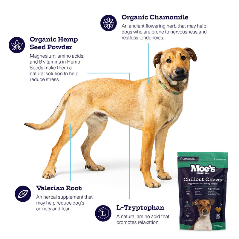 Moe’s Hemp Calming Chews for Dogs - Helps Aid with Storms, Fireworks, Chewing, Barking, Travel, Stress, Anxiety & Separation Anxiety - Tryptophan + Chamomile - Made in The USA - (Peanut Butter) Peanut Butter - PawsPlanet Australia