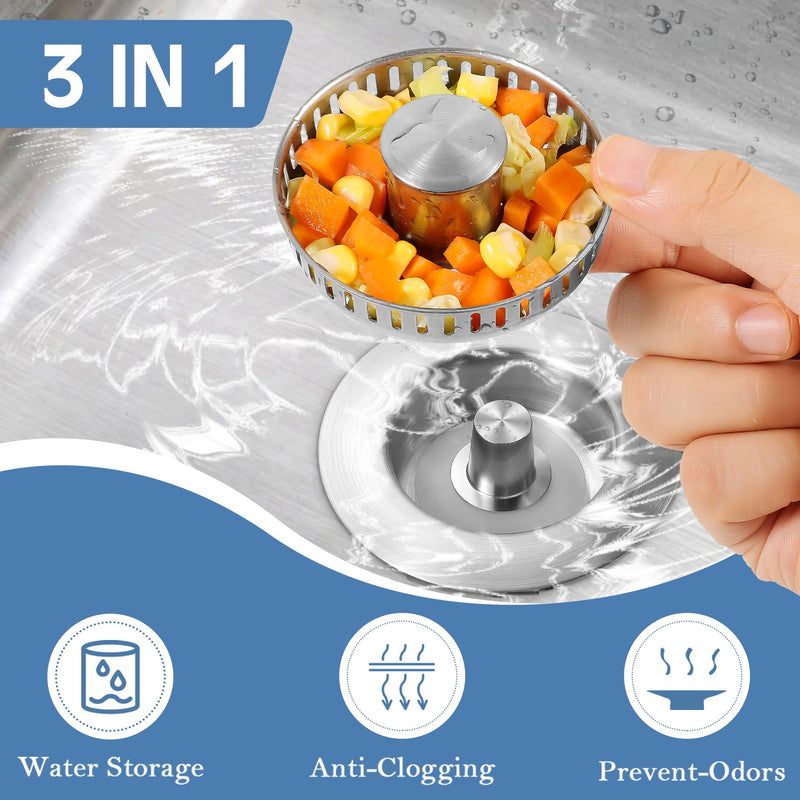 Kitchen Sink Drain Strainer 3 in 1, 304 Stainless Steel Pop Up Sink Stopper, Anti-Clogging Sink Drain Strainer for US Standard Kitchen Drain (SUS304 Brushed) Sus304 Brushed