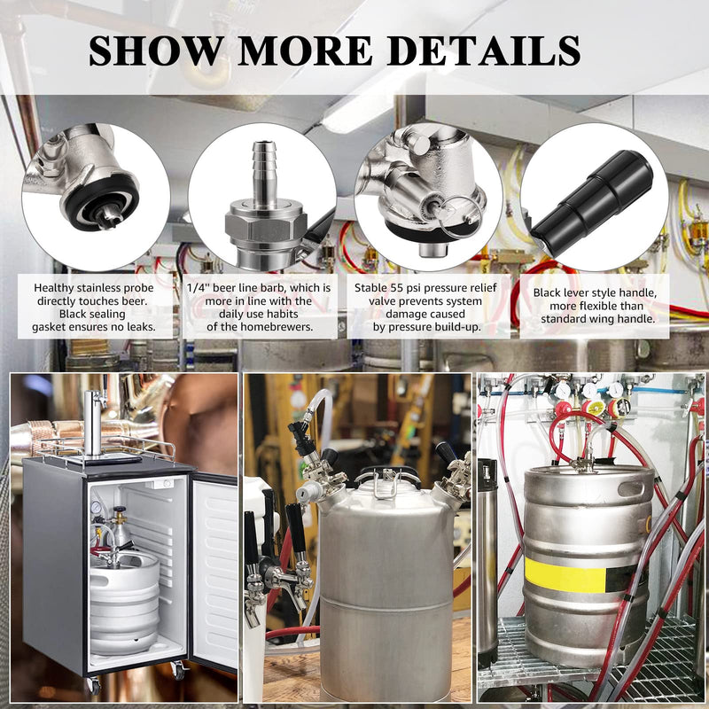 European Sankey S System Keg Coupler, 1/4'' Beer Barb Stainless Steel Probe Brass Body 5/16'' Gas Tailpiece Draft Kegerator Tap Dispenser with Safety Pressure Relief Valve Brewing Hose Clamp s type keg coupler