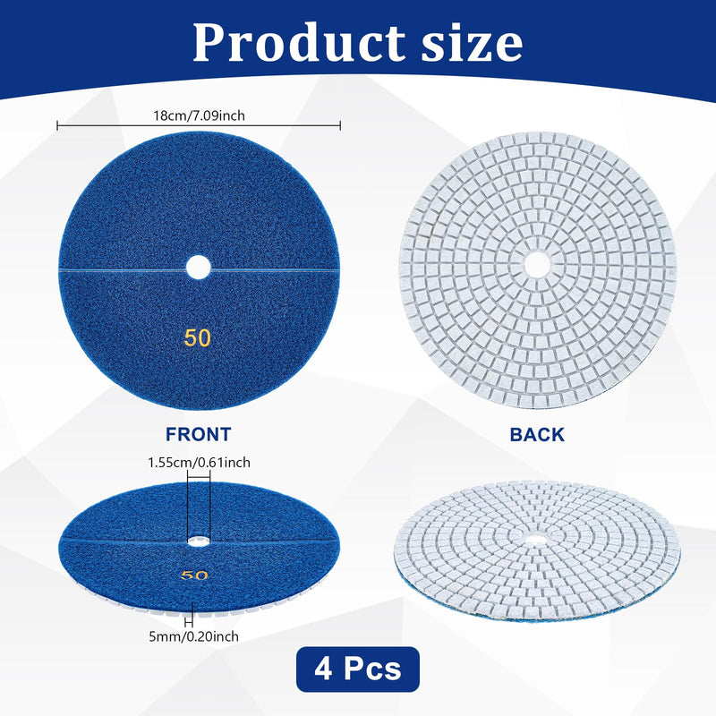 4Pcs Diamond Polishing Pads 7 Inch 50 Grits Wet & Dry Stone Buffing Pads Diamond Sanding Pad for Concrete Terrazzo Travertine Marble Floor Edges Countertop Quartz
