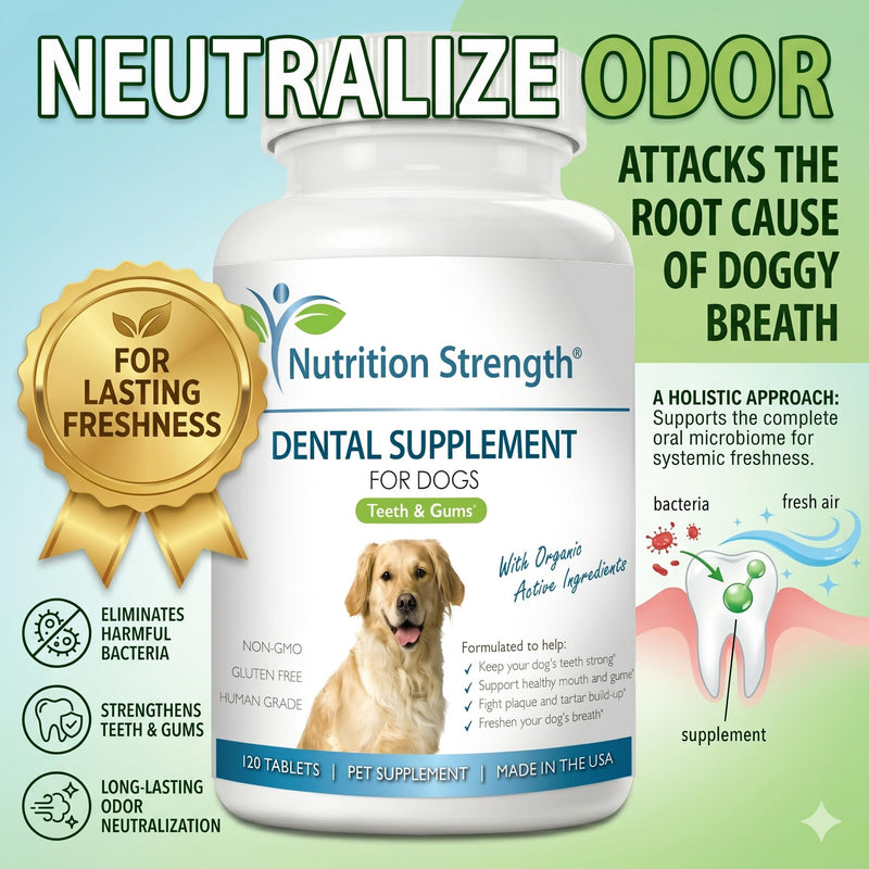 Dental Care for Dogs - Natural Plaque & Tartar Remover for Teeth - Fresh Breath Dog Supplement with Organic Kelp, Strawberry Leaf & Pumpkin Seed for Gum Health - 120 Tablets