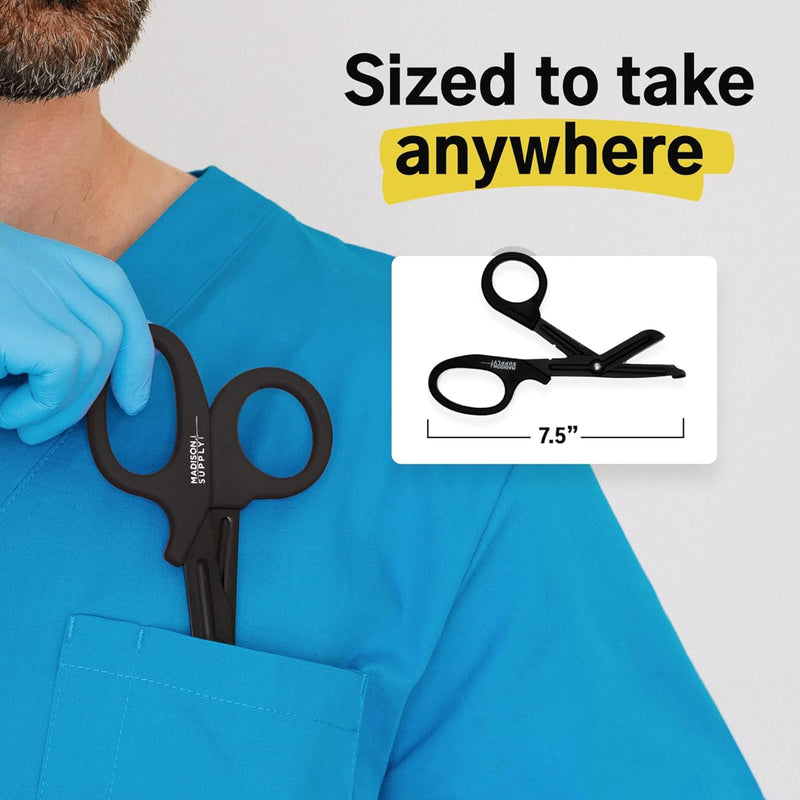 Madison 7.5" Premium Stainless Steel Nurse Scissors with Non-Stick Blades, Fluoride-Coated - 1pk, Black 1-Pack Black Handle/Black Coated Blades
