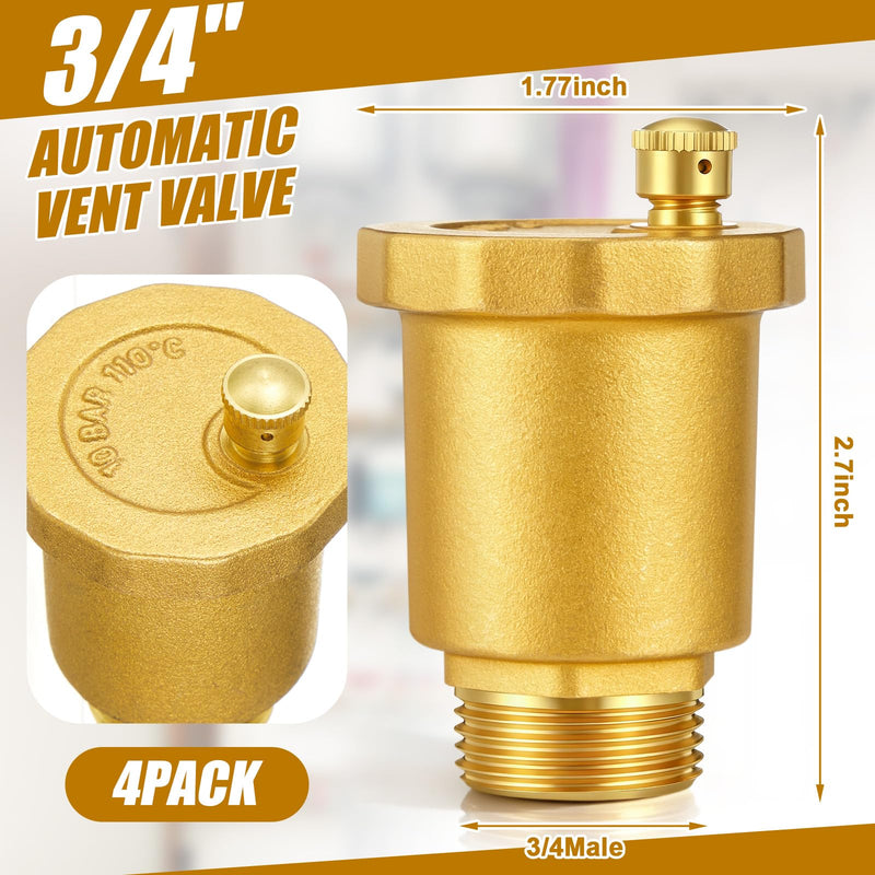4 Pack Brass Automatic Float Valve 3/4" Male NPT Thread Air Release Bleeder Vent Valve Automatic Diaphragm Pipe Fitting Connector Adapter for Hot Water Radiator Boiler Heat HVAC Exhaust System
