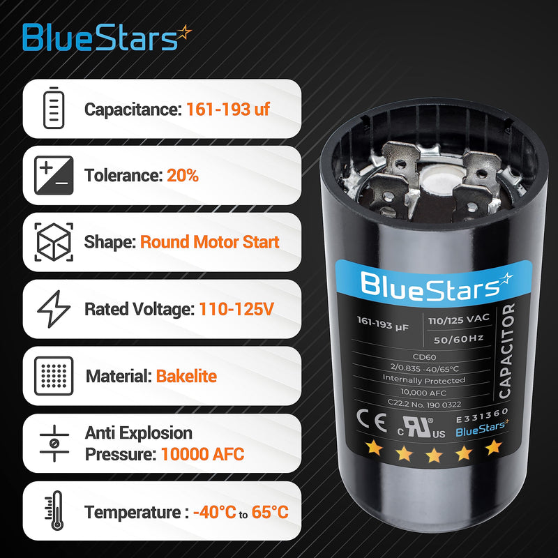 2 Packs 161-193 uf/MFD 125 VAC ±20% 50/60 Hz CD60 Round Motor Well Pump Start Capacitor Replacement Part by BlueStars - Exact Fit for Central Air-Conditioners, Heat Pumps, Condenser Fan Motors 161-193 MFD PO2 110-125 VAC