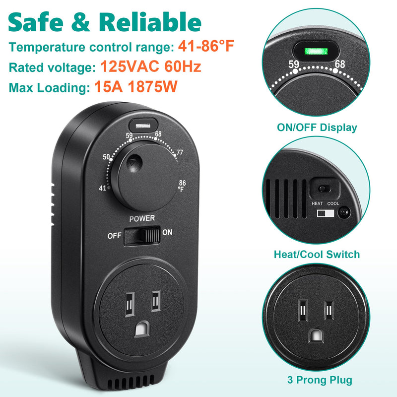 Adjustable Thermostat, Plug in Heating and Cooling Thermostat Controlled Outlet, Compatible with Portable AC, Fans and Space Heaters (1 Pack,Black) Black 1