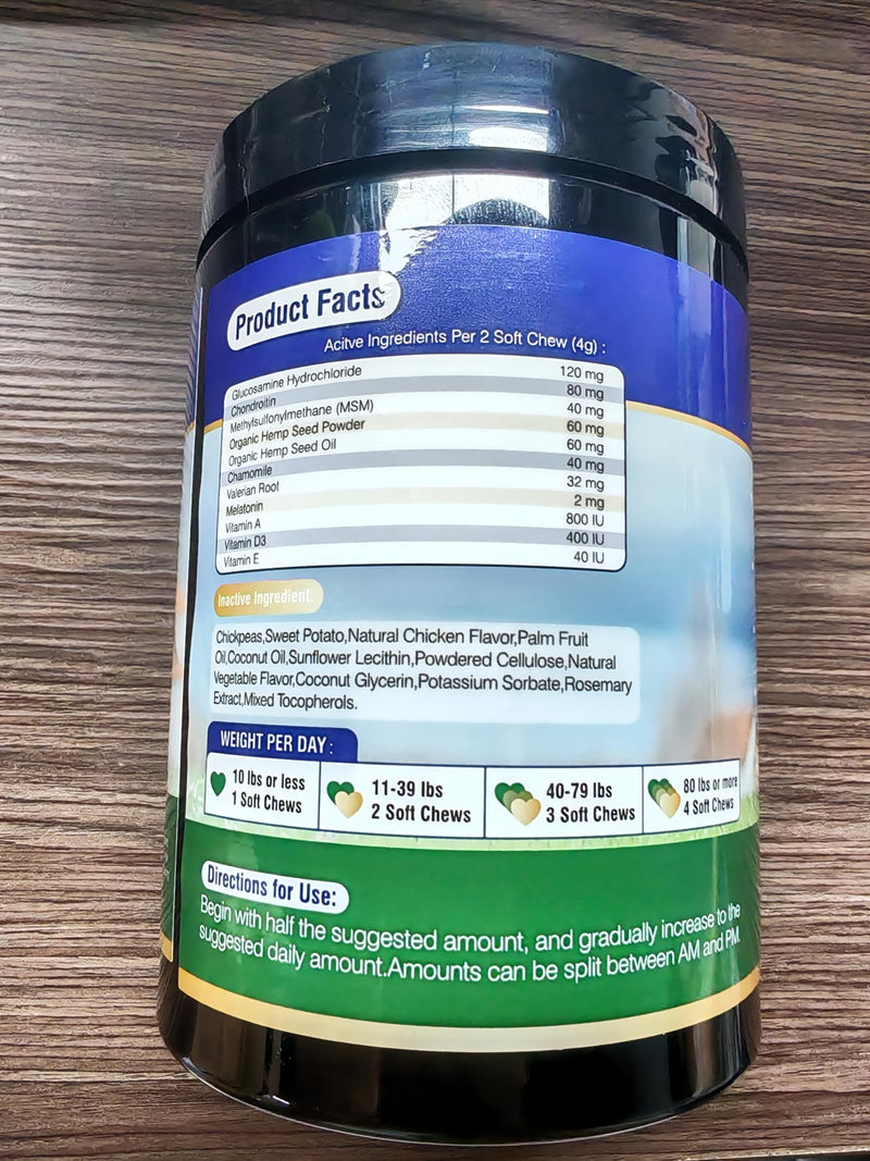 200ct Hip and Joint Supplement for Dogs Dog Calming Chews with Hemp Glucosamine, MSM, Chondroitin, Omega-3, Melatonin for Senior Dogs Anxiety, Pain Relief Anti Inflammatory Small/Medium/Large Breed