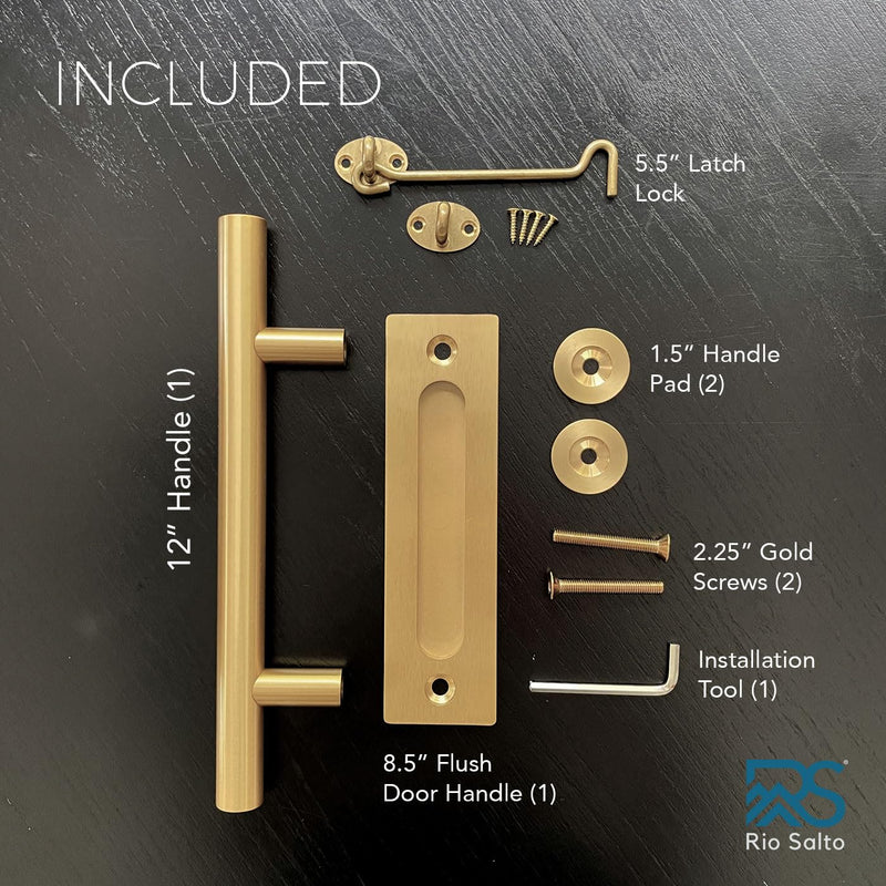 Rio Salto 12-Inch Gold Barn Door Handle Kit with Latch Lock Set Closet Brass Finish Pull Handle Flush Handles Hardware Large Sliding Door Handles 1-Door (Light Gold - 1Pack w/Lock)