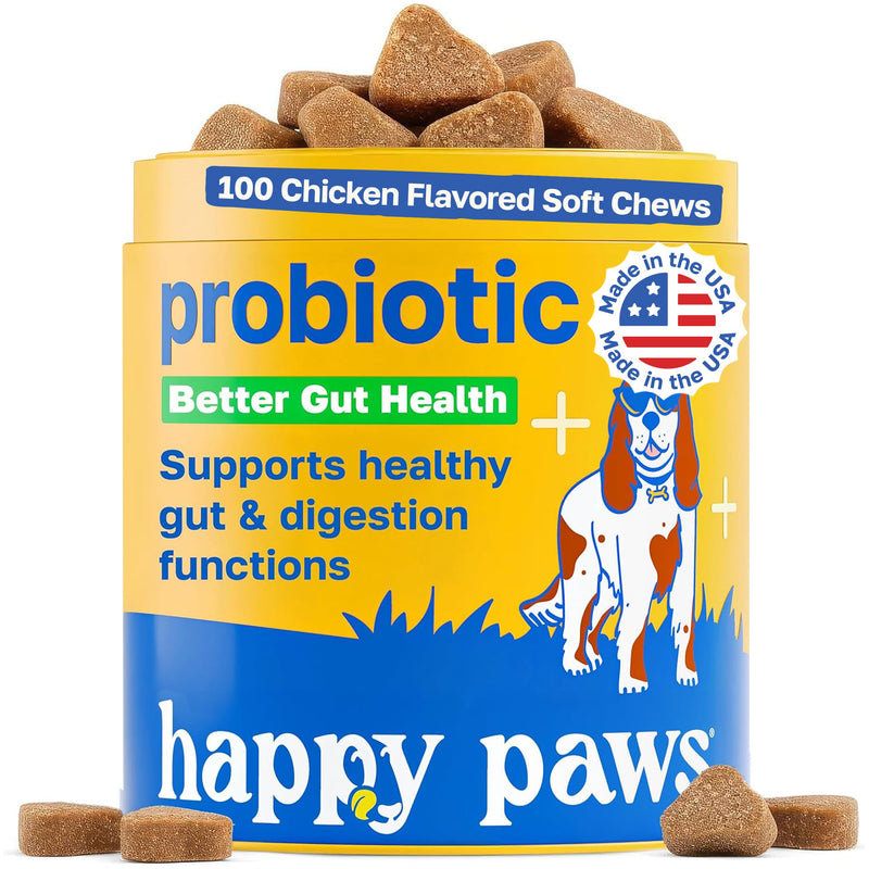 Happy Paws Probiotics for Dogs, Gut Health, Skin, Coat & Immune Support Supplement for All Breeds & Ages, Made with Coconut Oil & Vitamin E, Vegan Chicken Flavor, Organic, Non GMO, 100 Soft Chews 100 Count
