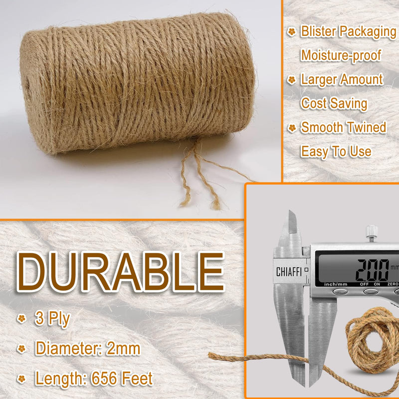 656 Feet 3Ply Jute Twine String, 2mm Natural Brown Thick Twine Rope for Crafts, Gardening, Tomato, Climbing Plant, Tie Floristry, Gift Wrapping Packing, Christmas, Wedding Decor 2mm-656ft